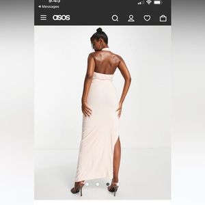 Femme Luxe halterneck maxi dress with front spilt in baby pink